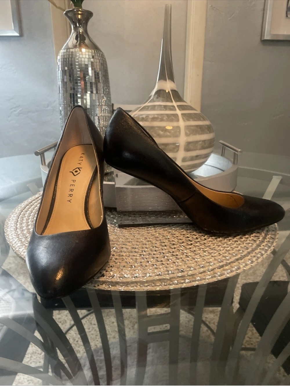 Katie Perry The Mirra Black Pumps with Clear Lucite Block Heel 9.5